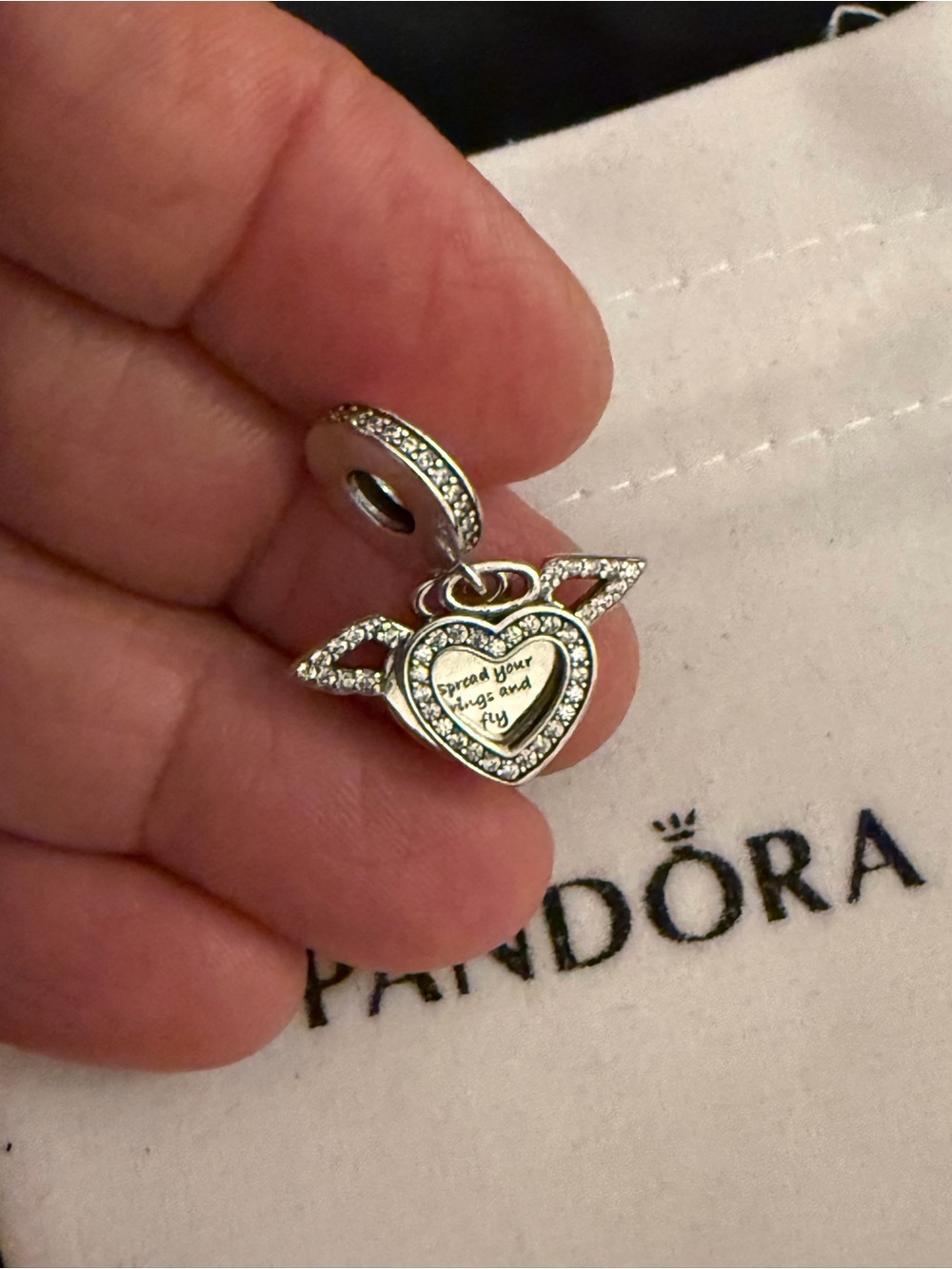 Pandora Silver Heart Winged Dangle Charm with Clear Stones